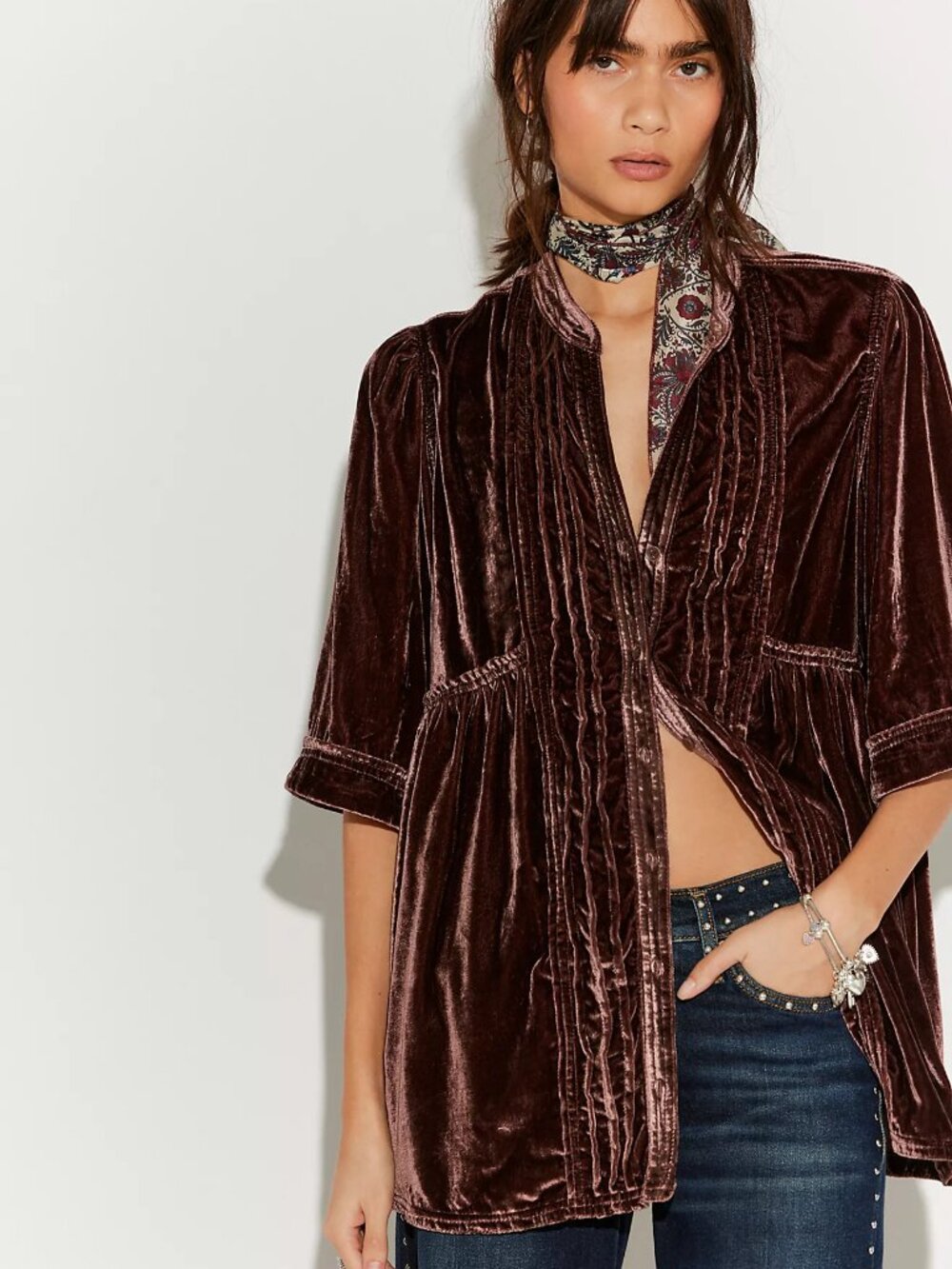 Brand New Free People Velvet Willow Button Down Top - Size Small - NWT
